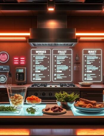 “A futuristic kitchen with holographic meal plans floating above the counter, glowing ingredients laid out, soft neon lighting, AI interface projected in mid-air, cinematic, photorealistic.”