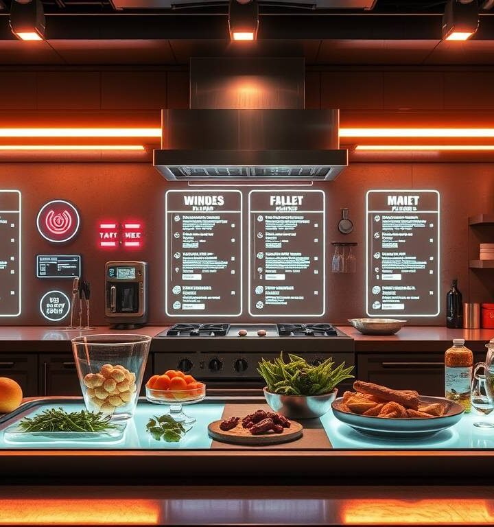 “A futuristic kitchen with holographic meal plans floating above the counter, glowing ingredients laid out, soft neon lighting, AI interface projected in mid-air, cinematic, photorealistic.”