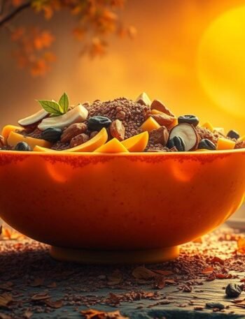 A glowing orange-hued bowl filled with mango, chia, coconut, and cacao, artfully layered, soft natural light.
