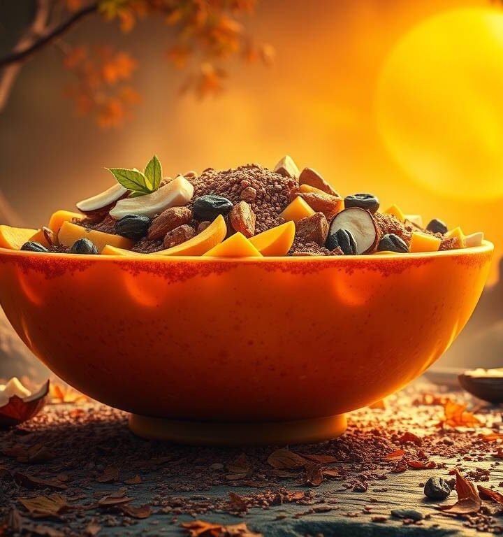 A glowing orange-hued bowl filled with mango, chia, coconut, and cacao, artfully layered, soft natural light.