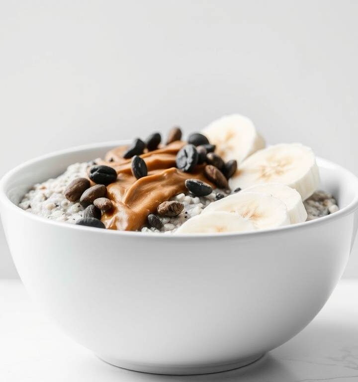 AI-designed breakfast bowl: A beautifully plated steel-cut oatmeal bowl topped with banana slices, almond butter drizzle, cacao nibs, and chia seeds, glowing lines and holographic data overlays subtly floating above the bowl.
