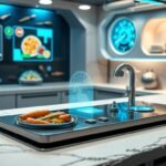 A sleek, softly lit futuristic kitchen with holographic food data projections, a glowing biometric dashboard, fresh vegetables and herbs arranged in minimalist trays, ambient blue and silver lighting — ultra-realistic, cinematic style.