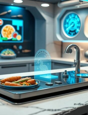 A sleek, softly lit futuristic kitchen with holographic food data projections, a glowing biometric dashboard, fresh vegetables and herbs arranged in minimalist trays, ambient blue and silver lighting — ultra-realistic, cinematic style.