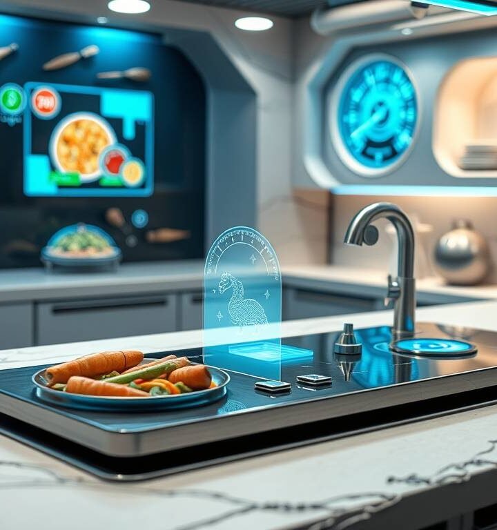 A sleek, softly lit futuristic kitchen with holographic food data projections, a glowing biometric dashboard, fresh vegetables and herbs arranged in minimalist trays, ambient blue and silver lighting — ultra-realistic, cinematic style.