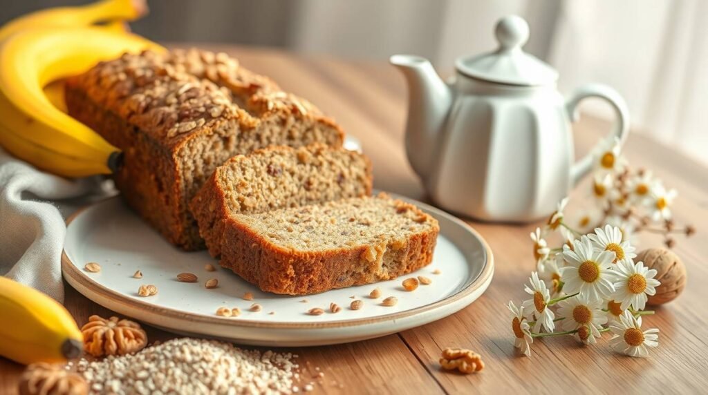 High-fiber banana bread with walnuts and flaxseed on a ceramic plate, styled with natural light and comforting tones.