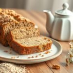 High-fiber banana bread with walnuts and flaxseed on a ceramic plate, styled with natural light and comforting tones.