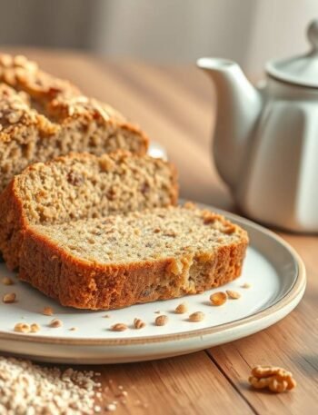 High-fiber banana bread with walnuts and flaxseed on a ceramic plate, styled with natural light and comforting tones.