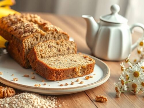 High-fiber banana bread with walnuts and flaxseed on a ceramic plate, styled with natural light and comforting tones.