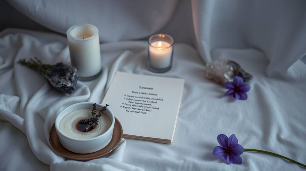 Panna cotta, chrysanthemum tea, and ritual items on a white altar with candlelight and lavender.