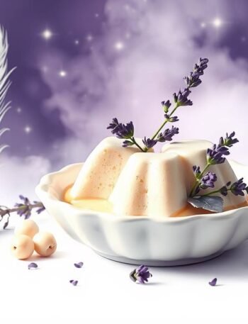 Lavender coconut panna cotta on a white plate with silver leaf and lavender sprigs, surrounded by violet mist and a white feather.