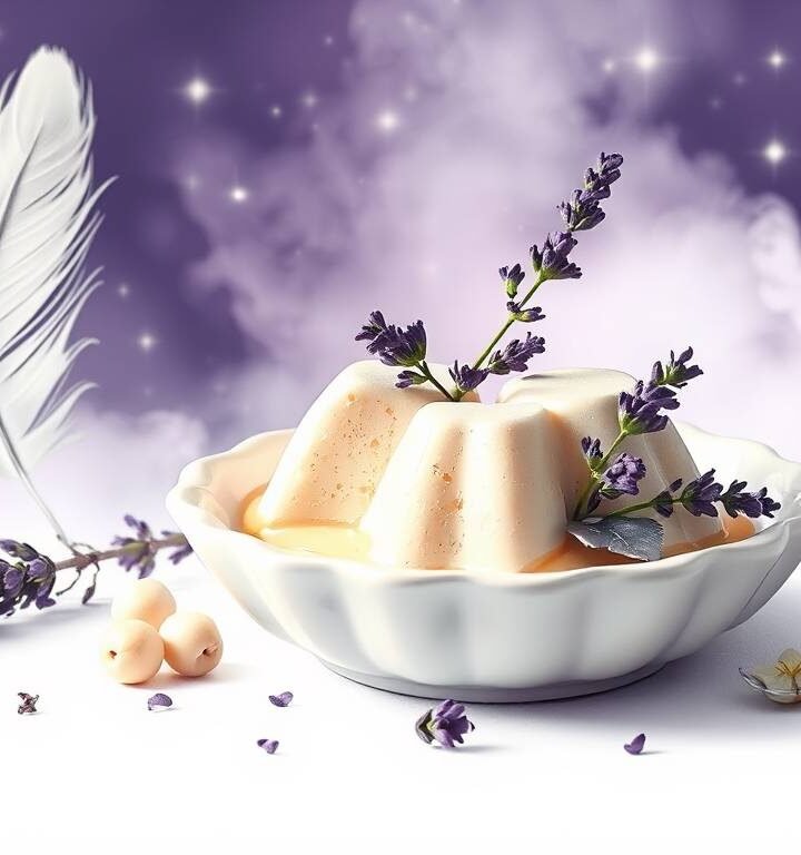 Lavender coconut panna cotta on a white plate with silver leaf and lavender sprigs, surrounded by violet mist and a white feather.