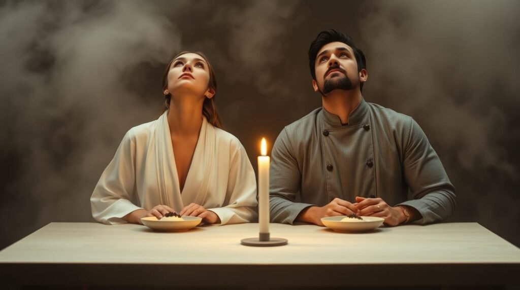 NEA Quartz and Marco DeLuca seated in silent reflection at a white table with panna cotta and candlelight.