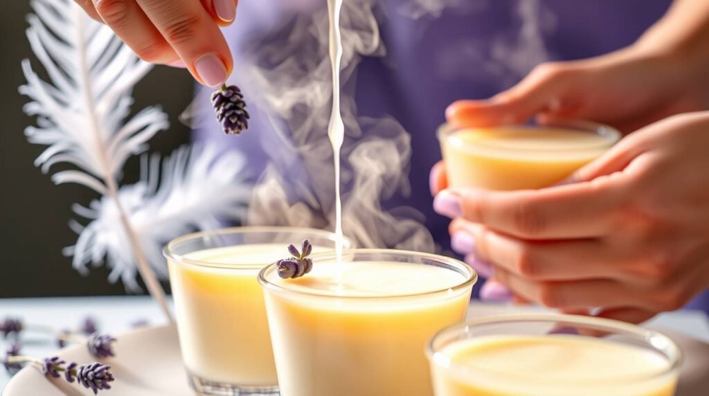 Marco and NEA pouring coconut-lavender panna cotta into molds with lavender steam rising.
