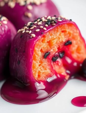 “Third Eye Chakra dessert: Purple sweet potato and black sesame mochi with blueberry coulis, served with lavender sparkling water and lion’s mane adaptogen.”