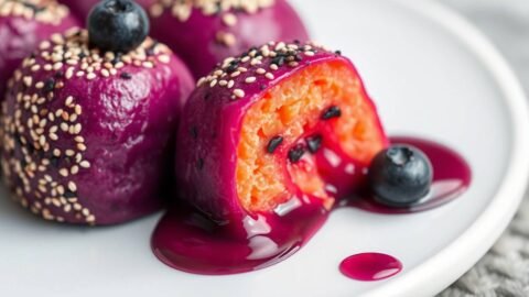 “Third Eye Chakra dessert: Purple sweet potato and black sesame mochi with blueberry coulis, served with lavender sparkling water and lion’s mane adaptogen.”