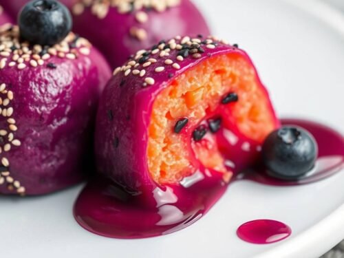 “Third Eye Chakra dessert: Purple sweet potato and black sesame mochi with blueberry coulis, served with lavender sparkling water and lion’s mane adaptogen.”