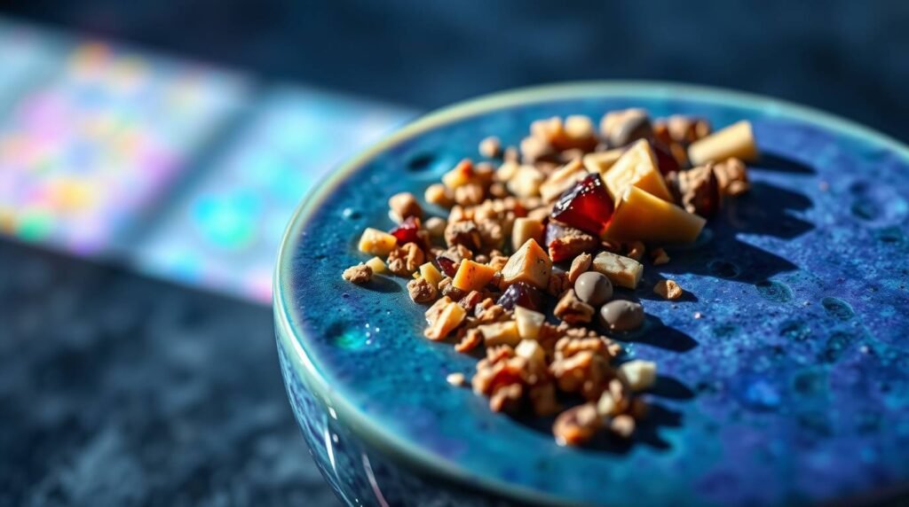 "Blue spirulina smoothie bowl with vibrant toppings, symbolizing throat chakra balance and expression."