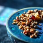 "Blue spirulina smoothie bowl with vibrant toppings, symbolizing throat chakra balance and expression."