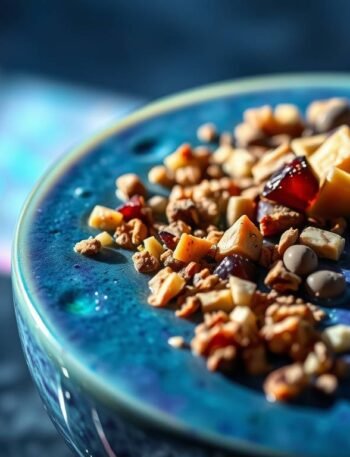 "Blue spirulina smoothie bowl with vibrant toppings, symbolizing throat chakra balance and expression."