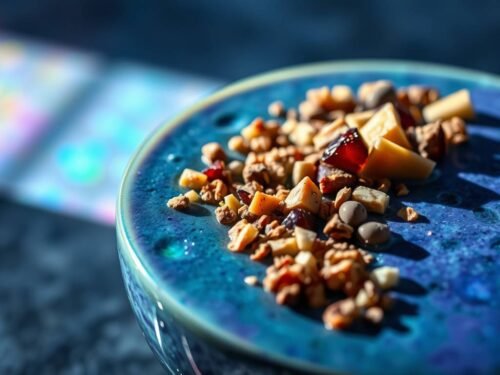 "Blue spirulina smoothie bowl with vibrant toppings, symbolizing throat chakra balance and expression."