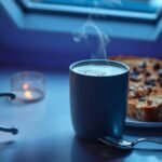 “MCT mushroom latte with steam rising, served with cacao nib toast in a futuristic, light-filled kitchen”