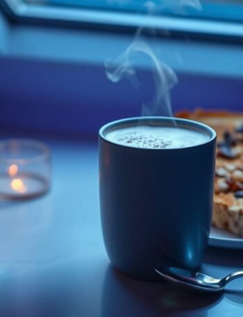 “MCT mushroom latte with steam rising, served with cacao nib toast in a futuristic, light-filled kitchen”