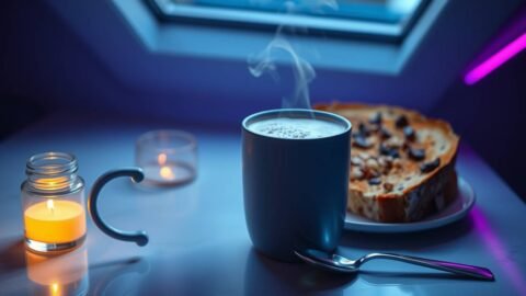 “MCT mushroom latte with steam rising, served with cacao nib toast in a futuristic, light-filled kitchen”