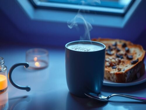 “MCT mushroom latte with steam rising, served with cacao nib toast in a futuristic, light-filled kitchen”