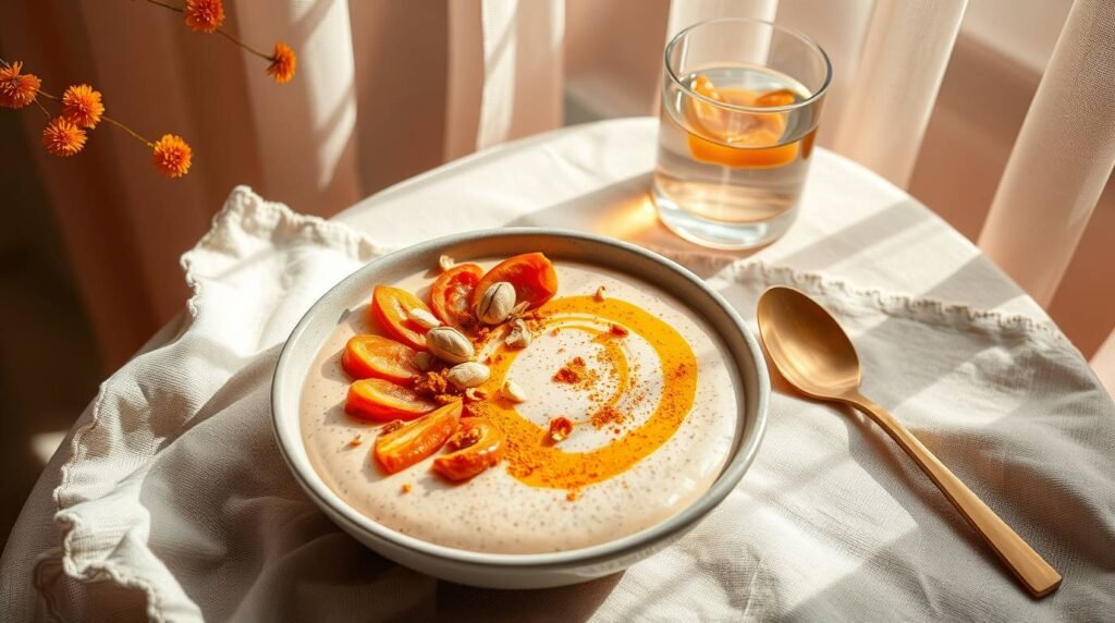 A creamy apricot chia pudding topped with cashew butter, turmeric, macadamia, and marigold petals in a ceramic bowl on a linen cloth.