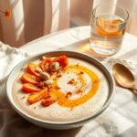 A creamy apricot chia pudding topped with cashew butter, turmeric, macadamia, and marigold petals in a ceramic bowl on a linen cloth.
