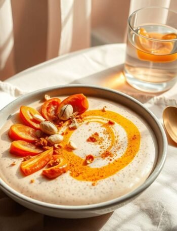 A creamy apricot chia pudding topped with cashew butter, turmeric, macadamia, and marigold petals in a ceramic bowl on a linen cloth.