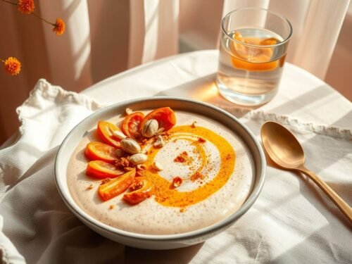 A creamy apricot chia pudding topped with cashew butter, turmeric, macadamia, and marigold petals in a ceramic bowl on a linen cloth.