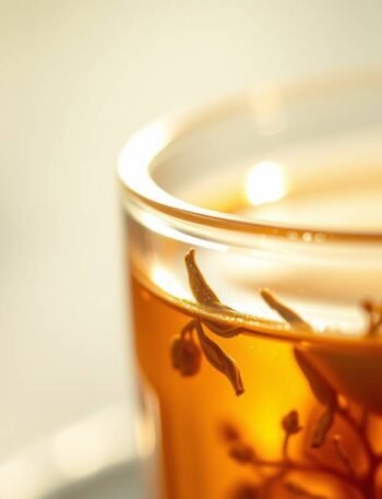 Tulsi tea steeping in a glass pot with herbs floating