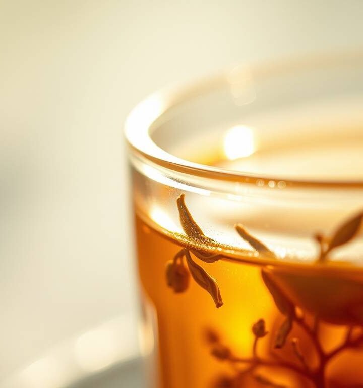 Tulsi tea steeping in a glass pot with herbs floating