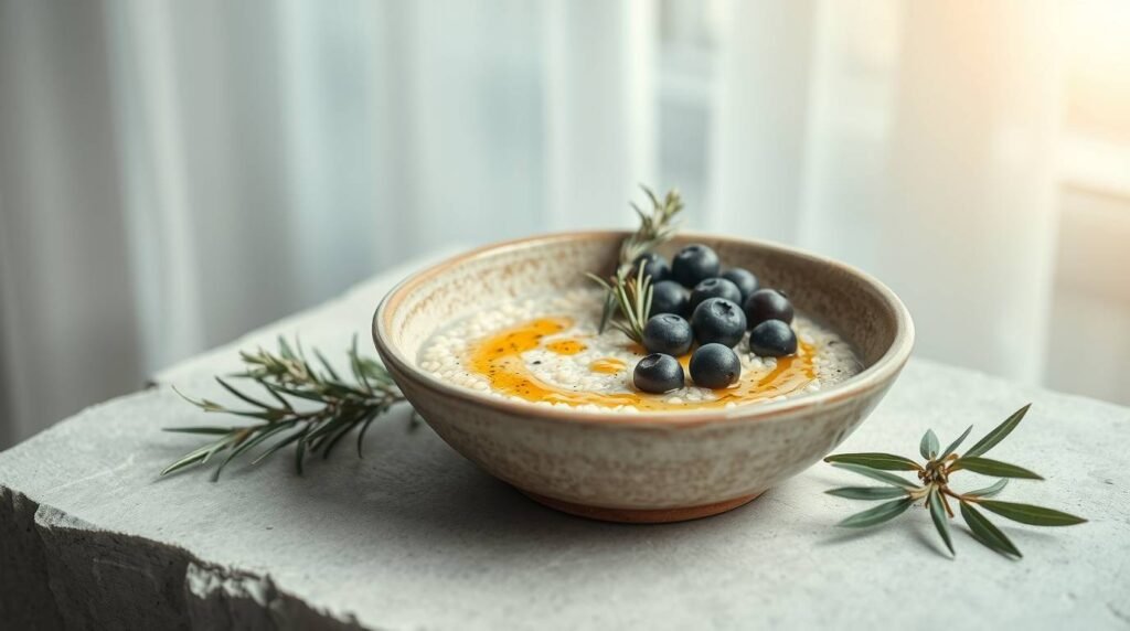Blue Zone quinoa porridge with rosemary, olive oil, and fermented berries