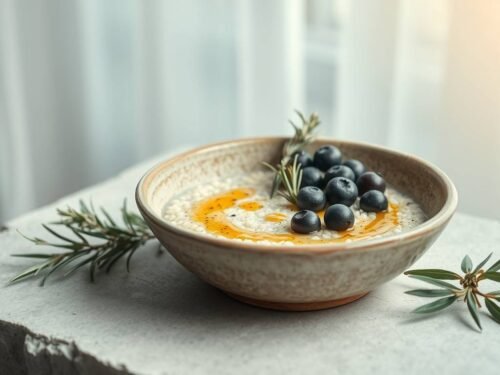 Blue Zone quinoa porridge with rosemary, olive oil, and fermented berries