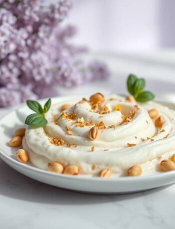 Creamy quinoa and cauliflower mash topped with tahini, pine nuts, micro basil, and gold leaf, served with elderflower-lychee water on a luminous plate.