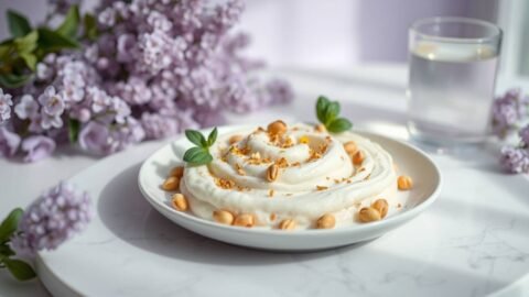 Creamy quinoa and cauliflower mash topped with tahini, pine nuts, micro basil, and gold leaf, served with elderflower-lychee water on a luminous plate.