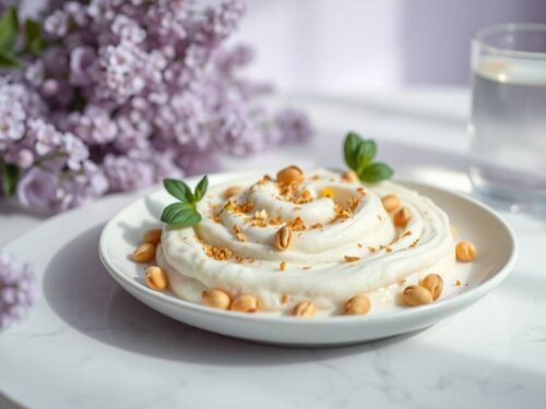 Creamy quinoa and cauliflower mash topped with tahini, pine nuts, micro basil, and gold leaf, served with elderflower-lychee water on a luminous plate.