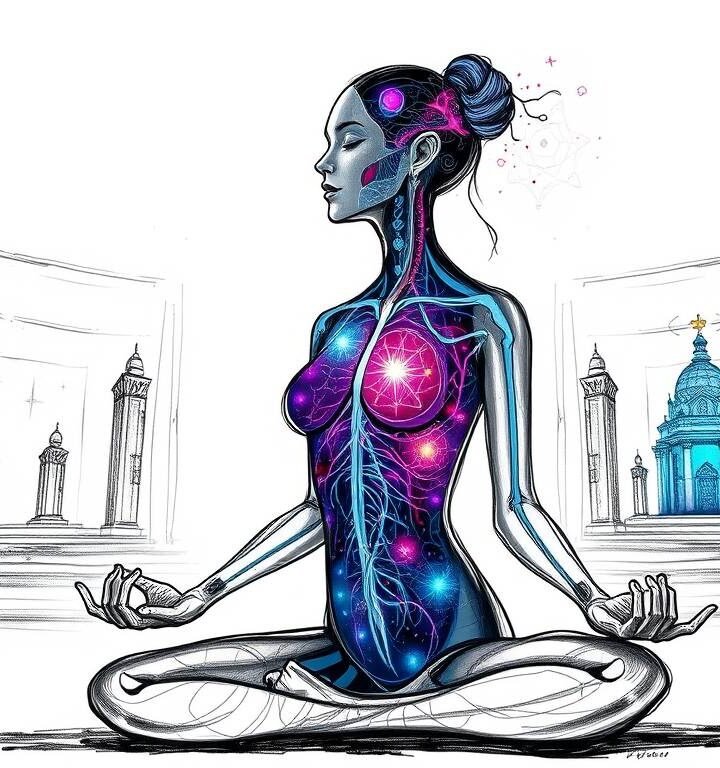 “Futuristic glowing nervous system emerging from cosmic data stream”