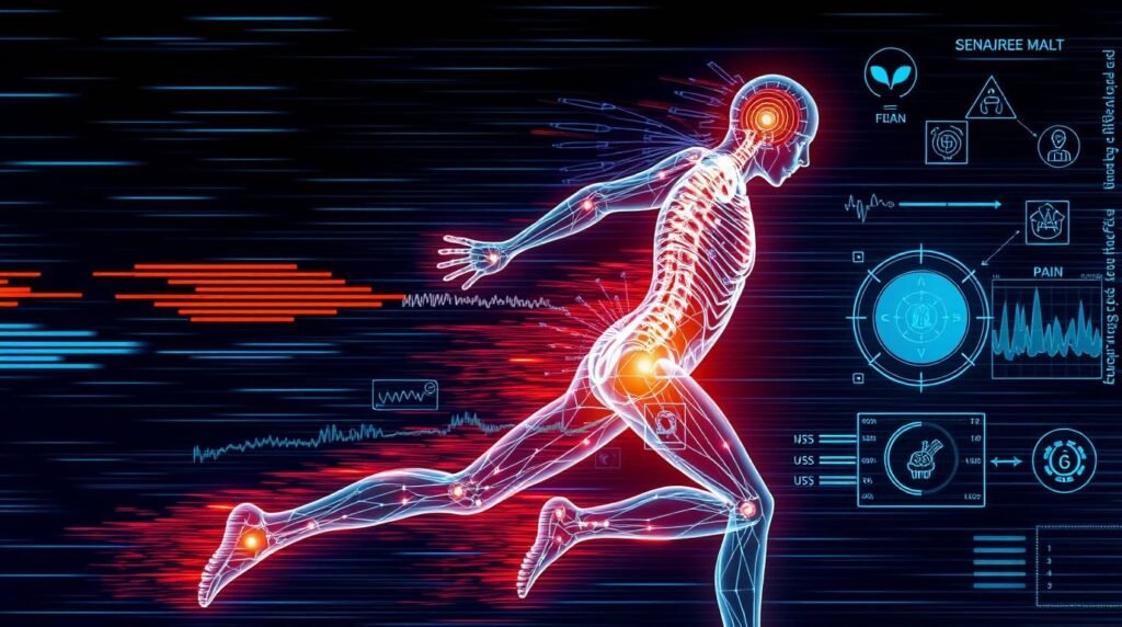 “Data-glitch style body scan showing pain signals”