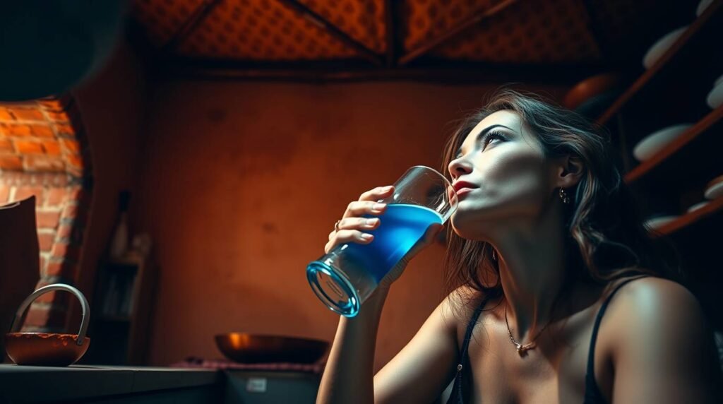 Futuristic woman sipping glowing drink in chrome-lit room
