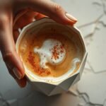 “Golden adaptogen latte in a clear glass, sunlight streaming through steam”