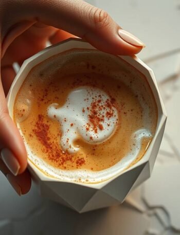 “Golden adaptogen latte in a clear glass, sunlight streaming through steam”