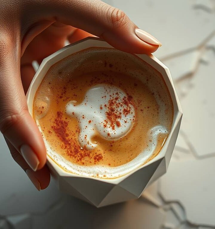 “Golden adaptogen latte in a clear glass, sunlight streaming through steam”