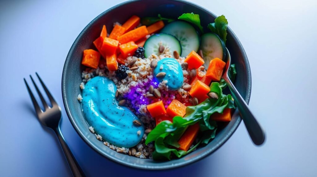 Quinoa and spinach bowl with vibrant spirulina dressing and pumpkin seeds