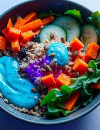 Quinoa and spinach bowl with vibrant spirulina dressing and pumpkin seeds