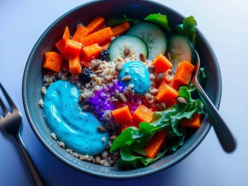 Quinoa and spinach bowl with vibrant spirulina dressing and pumpkin seeds