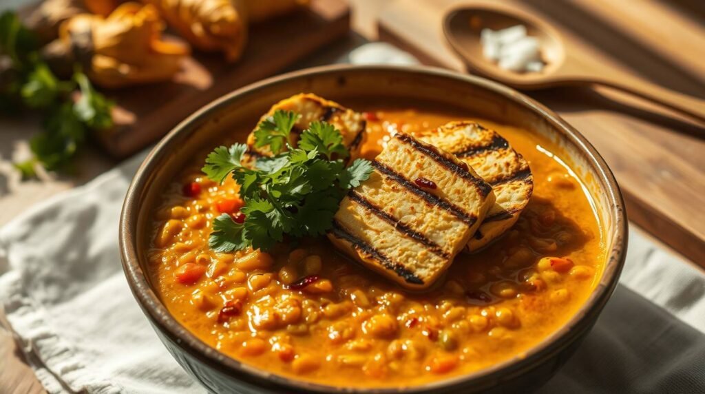 Bowl of red lentil turmeric stew topped with grilled halloumi and fresh herbs