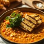 Bowl of red lentil turmeric stew topped with grilled halloumi and fresh herbs